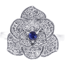 18K White Gold 0.72 ct Diamond Blue Sapphire Flower Ring