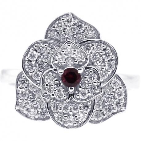 Womens Diamond Ruby Flower Ring 18K White Gold 0.72 ct