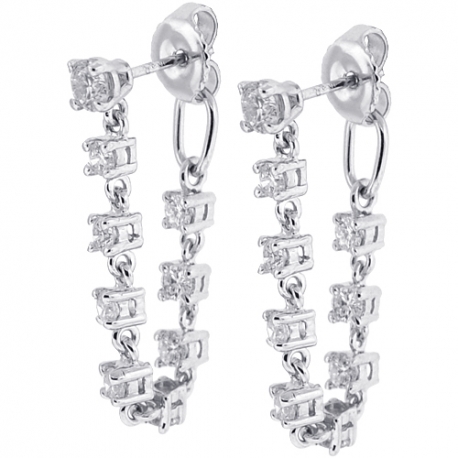 Womens Diamond Loop Earrings 14K White Gold 1.34 ct