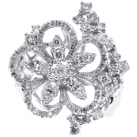 Womens Diamond Cluster Flower Ring 14K White Gold 1.19 ct