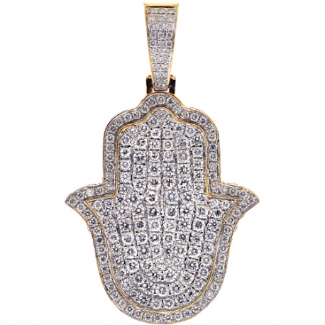 Mens Iced Out Diamond Hamsa Hand Pendant 5.08 ct 14K Yellow Gold