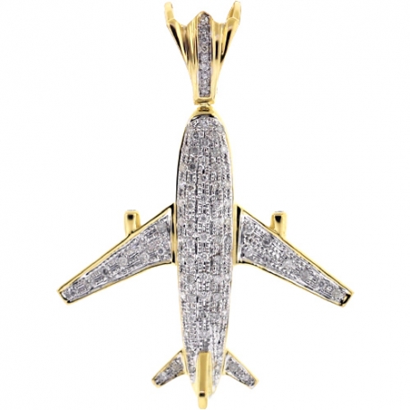 Mens Diamond Airplane Jet Aviator Pendant 10K Yellow Gold 0.86ct