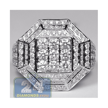 14K White Gold 3.11 ct Diamond Mens Hexagon Shape Ring