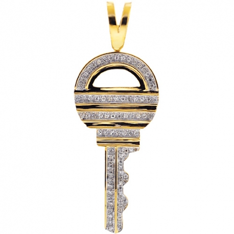 Mens Diamond Rounded Key Pendant 10K Yellow Gold 0.55ct 2.5"