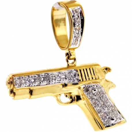 Mens Diamond Pistol Handgun Pendant 10K Yellow Gold 0.21ct
