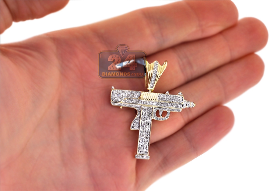 Mens Diamond UZI Gun Pistol Pendant 10K Yellow Gold 0.78ct