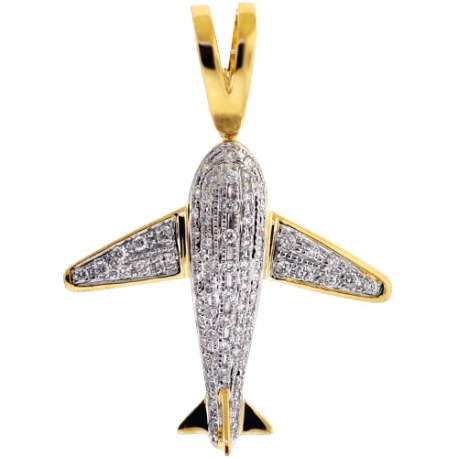Mens Diamond Airplane Pilot Jet Pendant 10K Yellow Gold 0.71ct