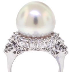 Womens Diamond 14 mm Pearl Ring 18K White Gold 1.58 ct