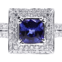 Womens Blue Sapphire Diamond Square Ring 18K White Gold 3.70 ct