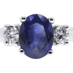Womens Blue Sapphire Diamond 3 Stone Ring 18K White Gold