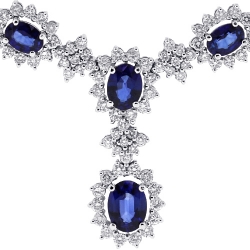 14K White Gold 17.62 ct Blue Sapphire Diamond Y Shape Necklace
