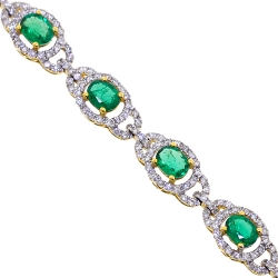 18K Yellow Gold 6.36 ct Emerald Diamond Halo Bracelet 7 inch