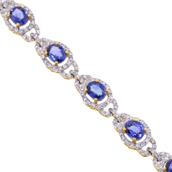 18K Yellow Gold 8.26 ct Blue Sapphire Diamond Halo Bracelet 7 inch