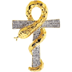 Mens Diamond Snake Ankh Cross Pendant 10K Yellow Gold 0.31ct