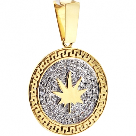 Mens Diamond Marijuana Round Pendant 10K Yellow Gold 0.62ct
