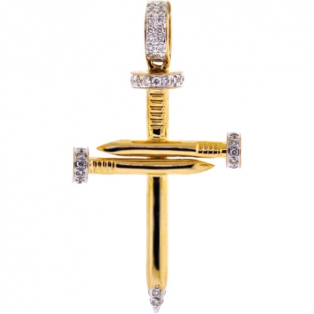 Mens Womens Diamond Nail Cross Small Pendant 14K Yellow Gold