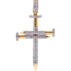 Mens Diamond Religious Nail Cross Pendant 14K Yellow Gold 0.82ct