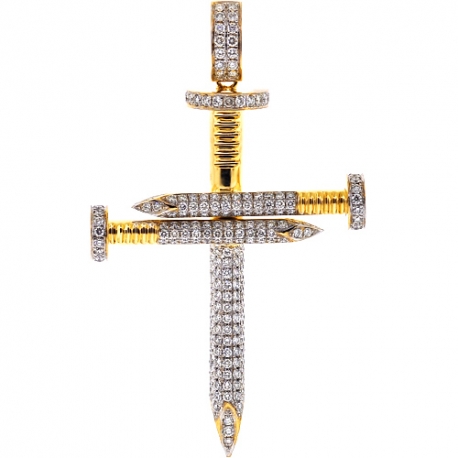 Mens Diamond Nail Cross Large Pendant 14K Yellow Gold 3.53 ct