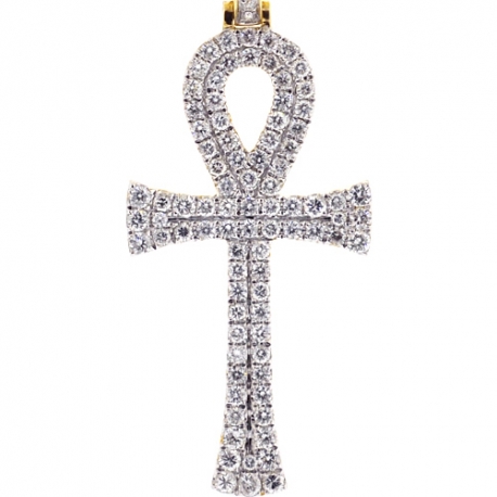 Mens Diamond Key of Life Ankh Cross 14K Yellow Gold 2.20ct 2.25"