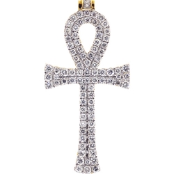 14K Yellow Gold 2.20 ct Diamond Mens Key of Life Ankh Cross