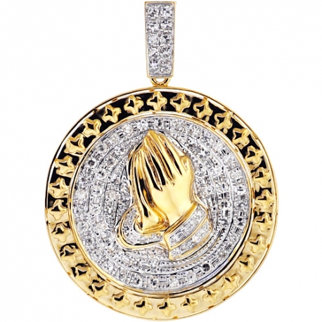 Mens Diamond Praying Hands Round Medallion 10K Yellow Gold