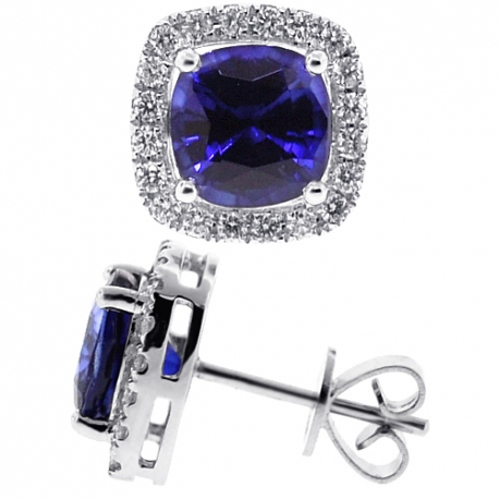 Womens Blue Sapphire Diamond Halo Stud Earrings 18K White Gold