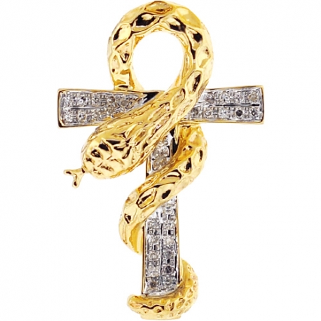 Mens Diamond Snake Serpent Ankh Cross 10K Yellow Gold 0.17ct