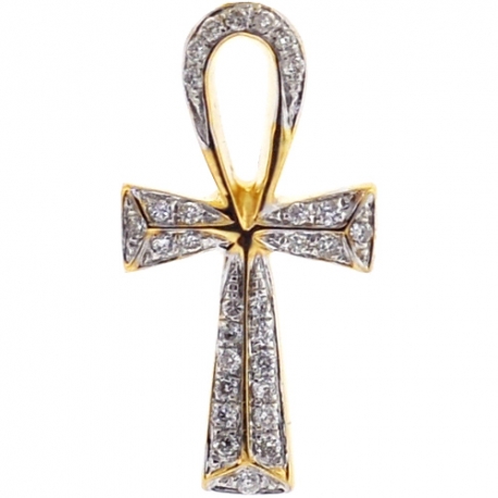 Womens Diamond Ankh Life Cross Pendant 14K Yellow Gold 0.18ct