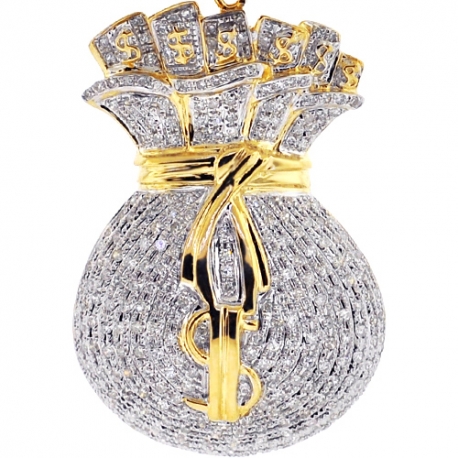 Mens Diamond Dollar Money Bag Pendant 10K Yellow Gold 1.53ct