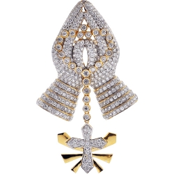 14K Yellow Gold 5.82 ct Diamond Praying Hands Cross Pendant