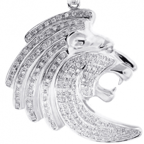 Mens Diamond Lion Cat Head Pendant Solid 10K White Gold 0.79ct