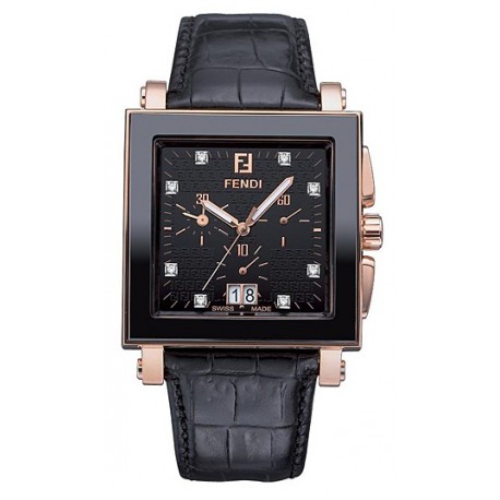 F654111D Fendi Black Ceramic Square Rose Gold Diamond Watch 38mm