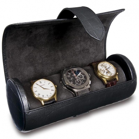 Triple Watch Roll Travel Box L108 Rapport Portman Black Leather