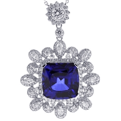 18K White Gold 18.33 ct Blue Sapphire Diamond Pendant Necklace