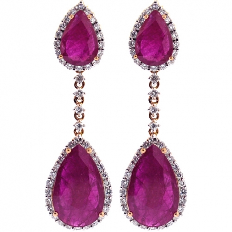 Womens Ruby Diamond Drop Halo Earrings 18K Rose Gold 17.30 ct