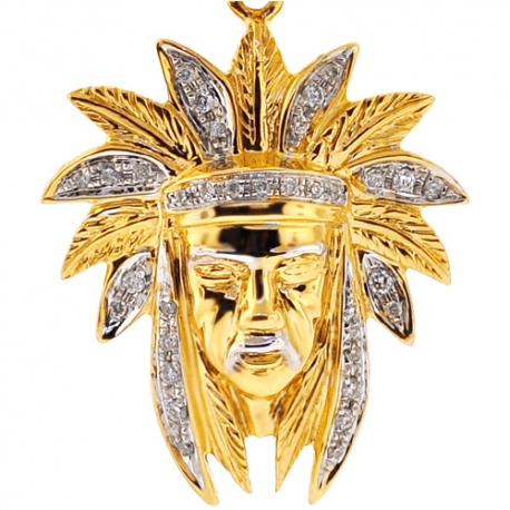 Mens Diamond American Indian Head Pendant 14K Yellow Gold 0.22ct