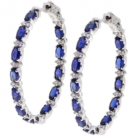 Womens Blue Sapphire Diamond Oval Hoop Earrings 18K Gold 6.92 ct