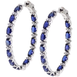 18K White Gold 6.92 ct Blue Sapphire Diamond Oval Hoop Earrings