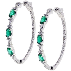 Womens Emerald Diamond Oval Hoop Earrings 18K Gold 2.27 ct