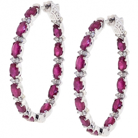 Womens Ruby Diamond Oval Hoop Earrings 18K White Gold 7.47 ct
