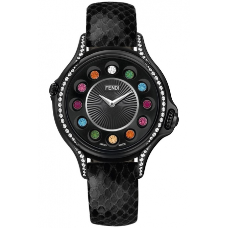 F110021011C0T05 Fendi Crazy Carats Black Leather Diamond Watch 33mm