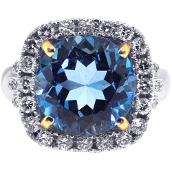18K Two Tone Gold 6.10 ct Blue Topaz Diamond Womens Ring