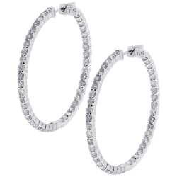 Womens Diamond Round Hoop Earrings 18K White Gold 5.75 ct 1.75"