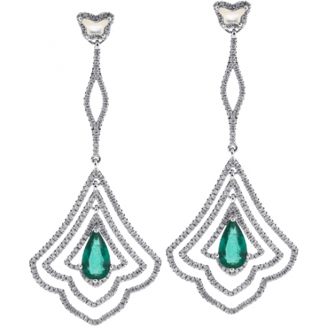 Womens Emerald Diamond Dangle Earrings 18K White Gold 5.27 ct