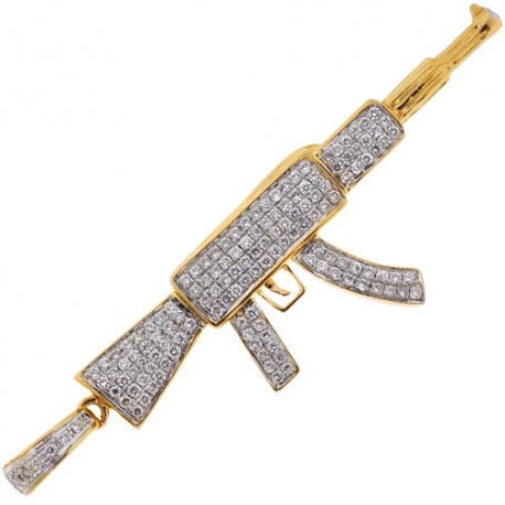 Mens Diamond AK-47 Rifle Gun Pendant 14K Yellow Gold 1.08ct