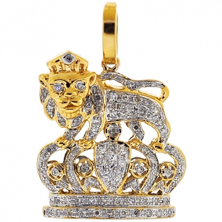 Mens Diamond Lion King Crown Pendant 10K Yellow Gold 0.63 ct