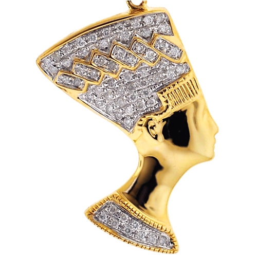 Mens Genuine Real Diamond Egyptian Queen Nefertiti Greek Pendant 10K Gold Finish 