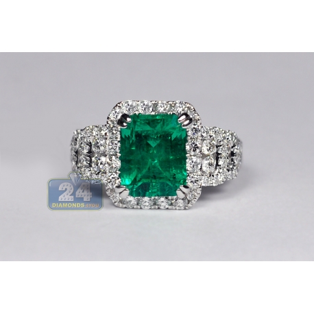 Womens Emerald Diamond Gemstone Ring 18K White Gold 4.44 ct