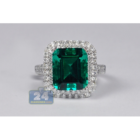 Womens Octagon Emerald Diamond Halo Ring 18K White Gold 6.76 ct