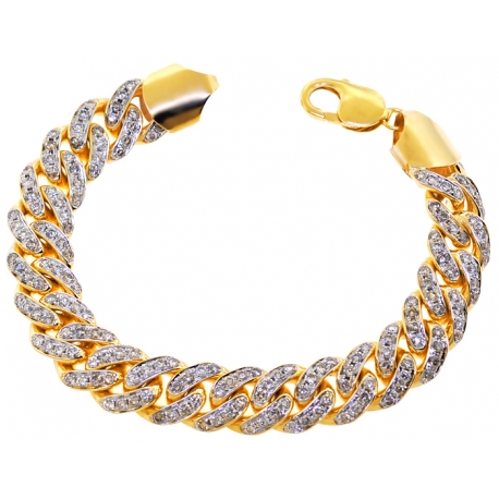 Mens Diamond Miami Cuban Link Bracelet 10K Yellow Gold 8 3/4 inch